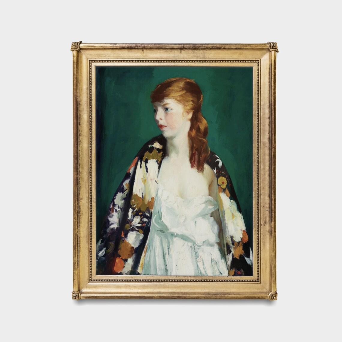 Red Haired Woman in White Dress with a Floral Kimono Wall Art - Image 2