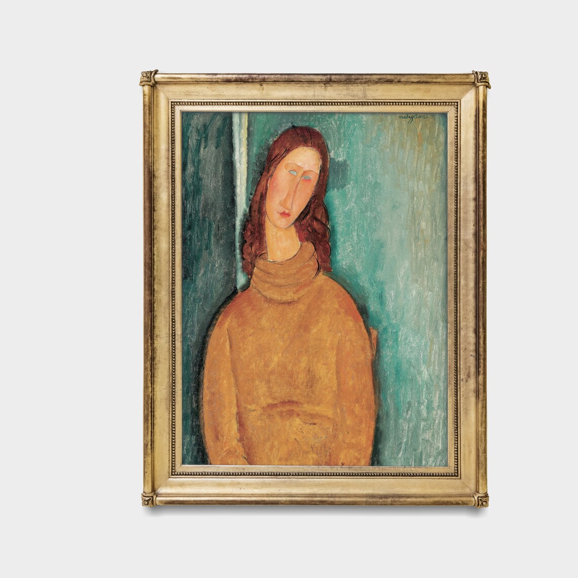 Woman in Ochre Turtleneck Against Teal Modigliani Style Portrait Poster - Image 5