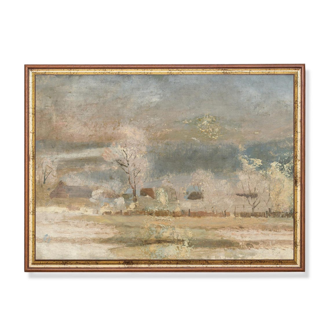 Pale Winter Countryside Cottages Impressionist Snow Art Poster