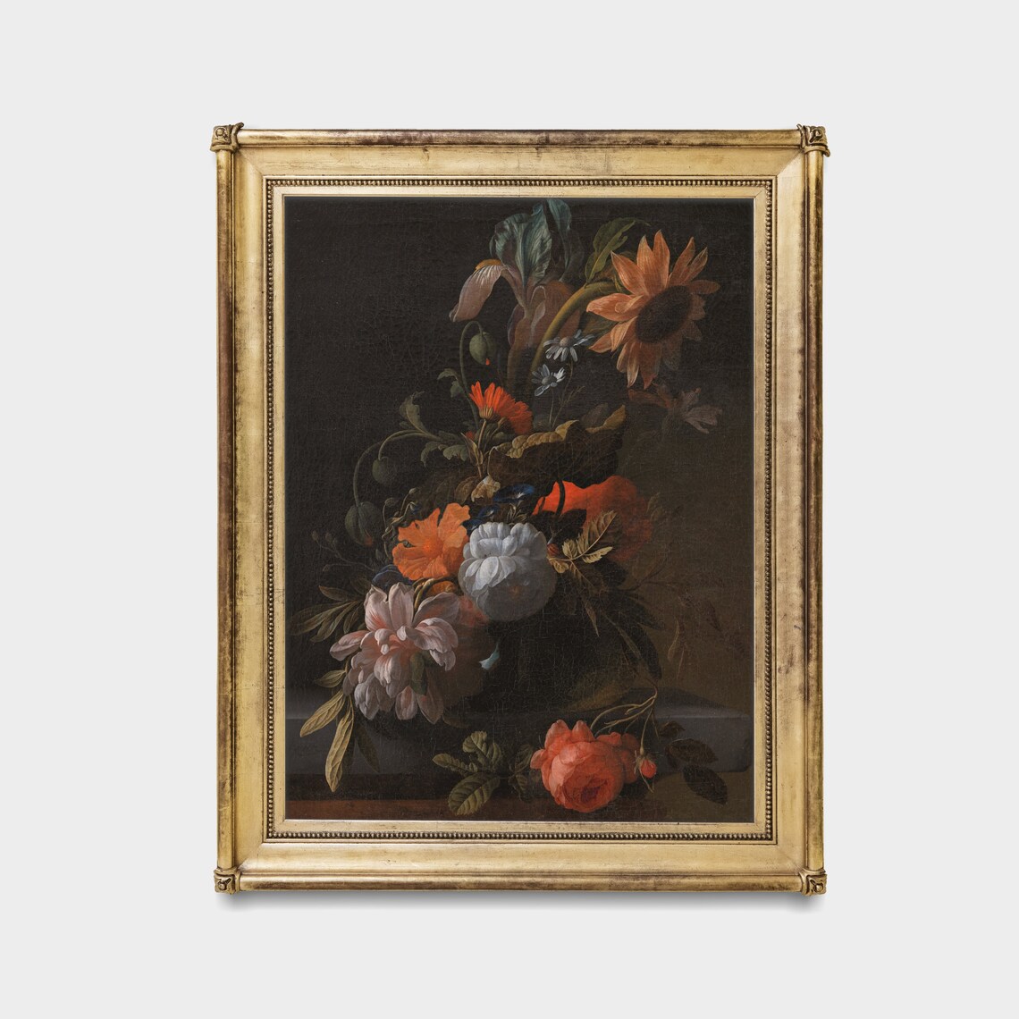 Dahlias and Sunflowers Moody Dark Floral Still Life Painting Poster - Image 3