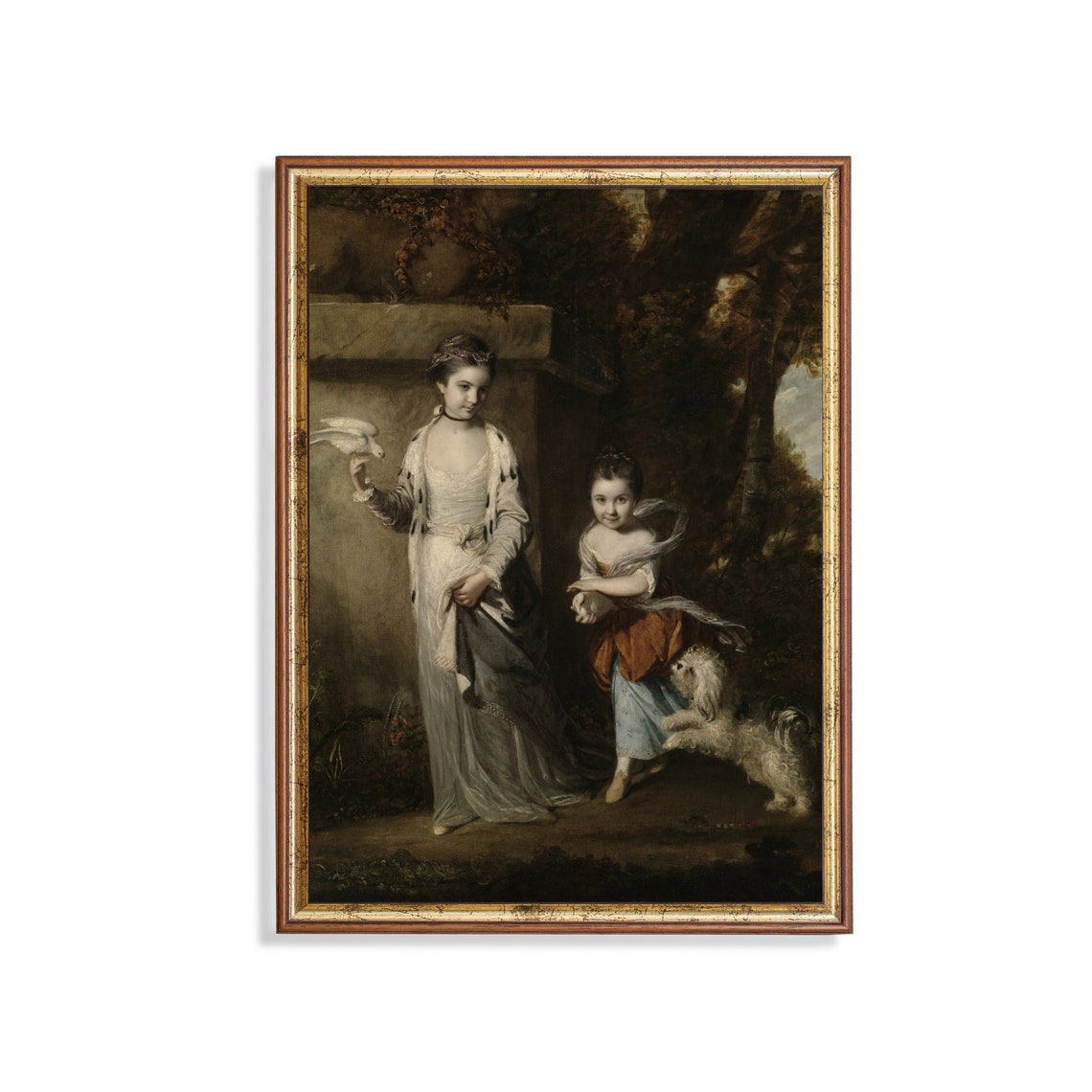 Printed And Shipped Vintage Painting Girls With Dog Portrait Antique Moody Art Rustic Oil Painting Print Physical Art Print