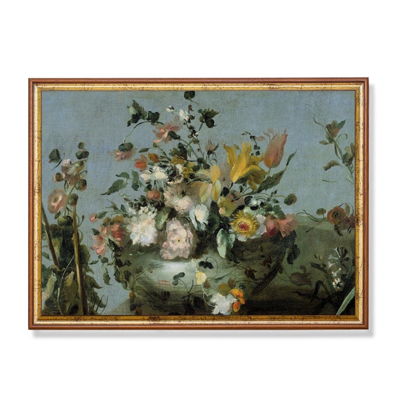 Vintage Still Life With Flowers Antique Floral Painting Flowers On A Vase Print Moody Rustic Wall Art