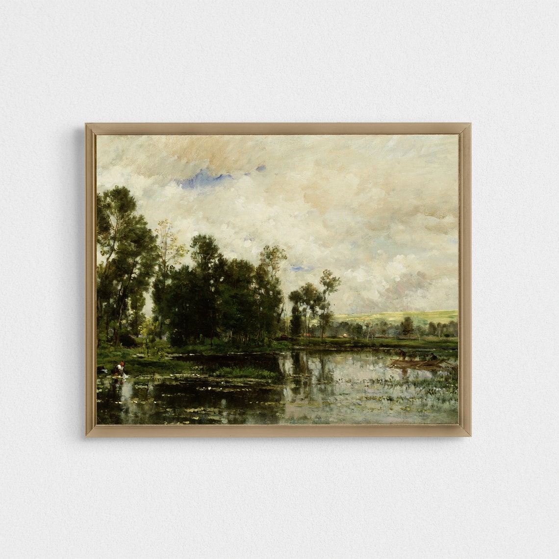 Barbizon Pond Landscape With Tall Trees and Boats Vintage Poster - Image 3