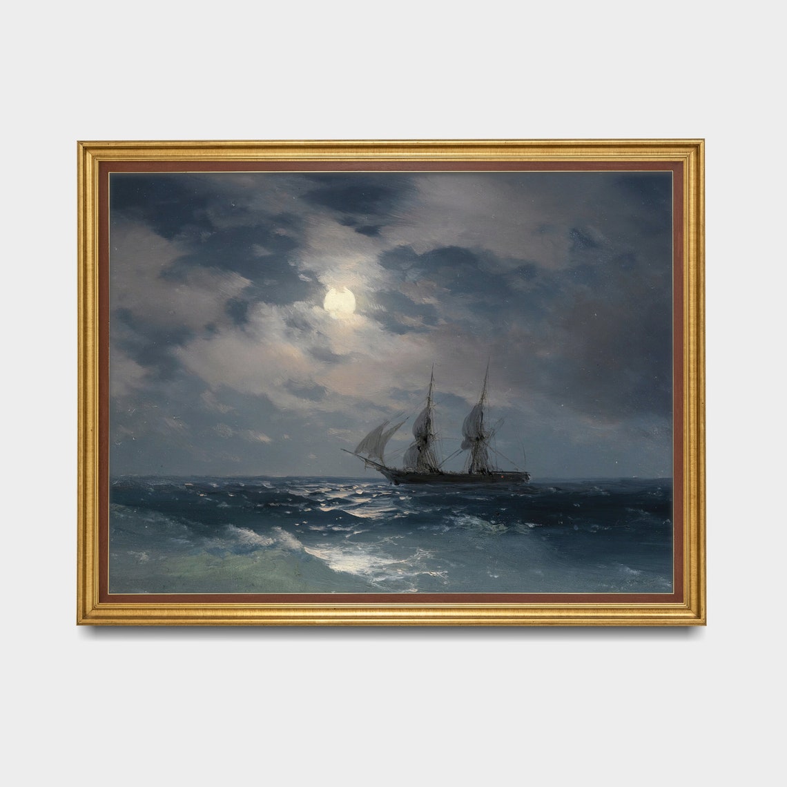 Sailing Ship on a Moonlit Night Sea Vintage Nautical Art Poster - Image 3