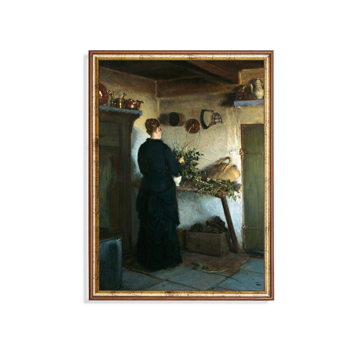 Woman in Black Arranging Flowers in a Rustic Kitchen Interior Poster