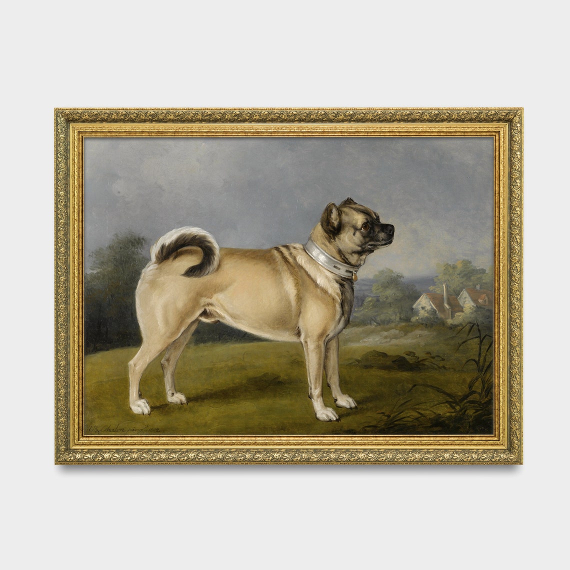 Standing Fawn Pug Dog in Countryside Antique Portrait Poster - Image 3