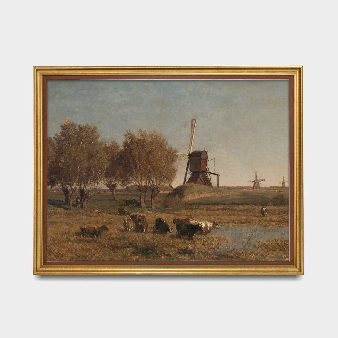 Dutch Windmills with Grazing Cattle in Polder Painting Poster - Image 5