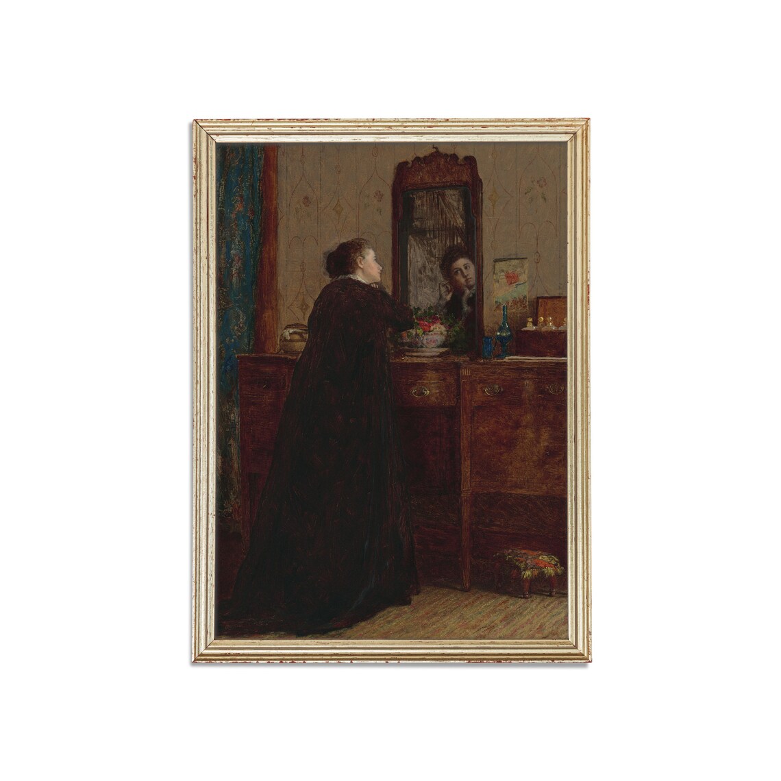 Woman at Her Vanity Mirror in a Long Dark Dress Moody Poster - Image 3