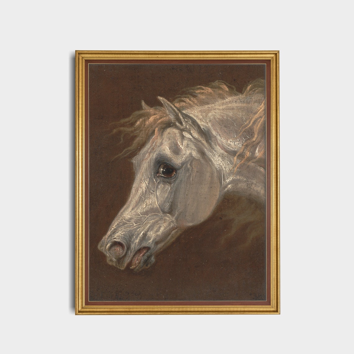 Dramatic Vintage Study of a White Horse Head on a Dark Brown Poster - Image 2