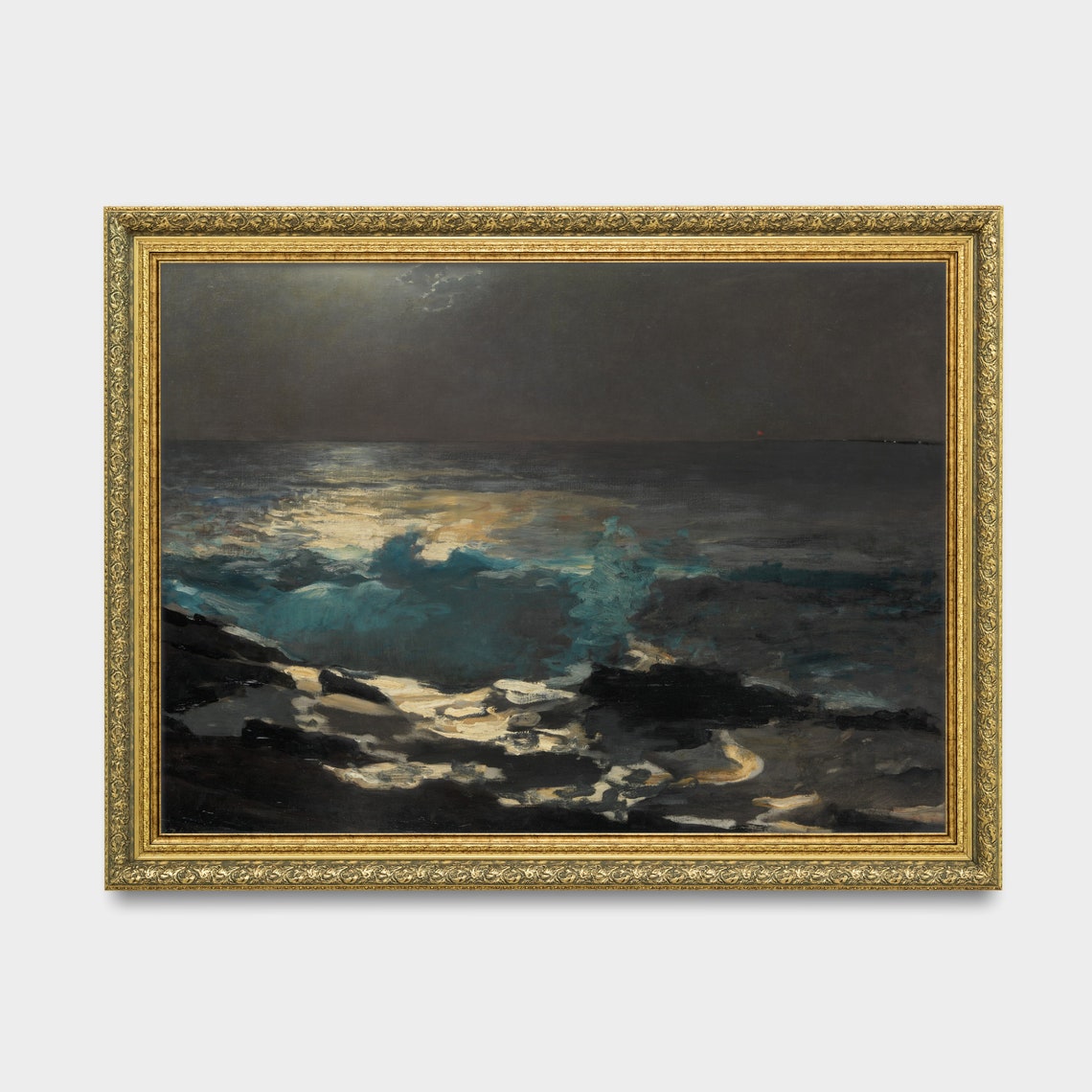 Moonlit Ocean Waves Crashing on Rocks Dark Moody Seascape Poster - Image 3