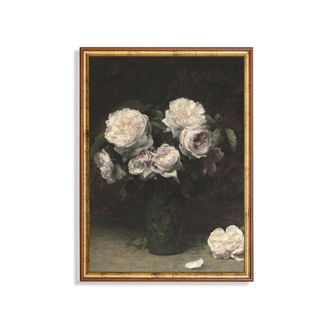 White Roses in a Dark Glass Vase Still Life Vintage Oil Poster