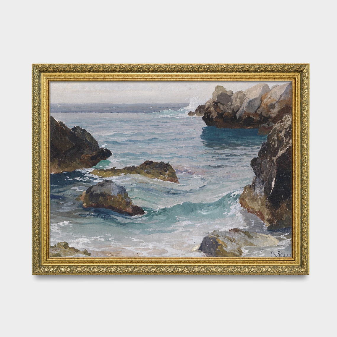 Turquoise Waves Breaking Over Coastal Rocks Antique Ocean Art Poster - Image 3