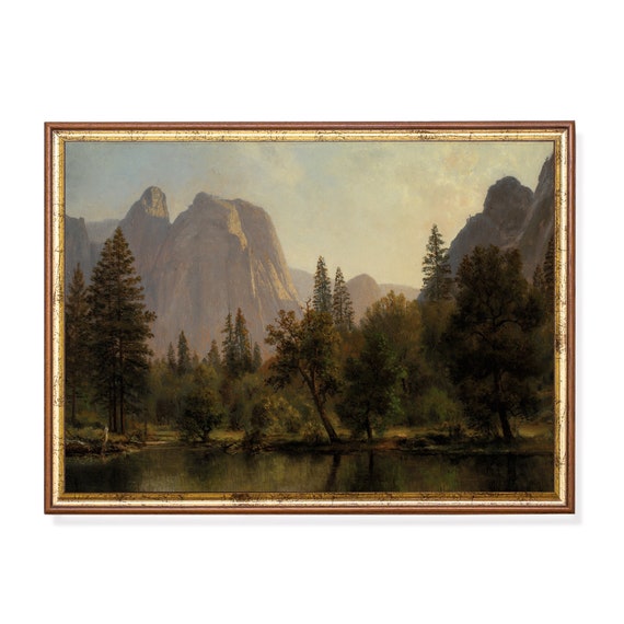 Vintage Mountain Landscape, Lake Forest Art Print