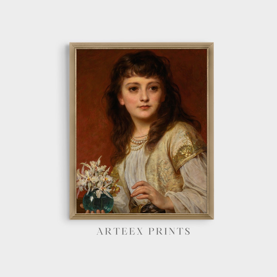 Young Girl Holding Flower Vase Vintage Portrait Painting Poster - Image 3
