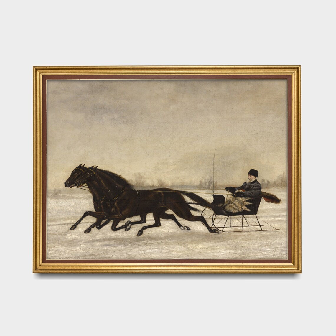 Horse-Drawn Sleigh Winter Landscape, Vintage Art Print - Image 3