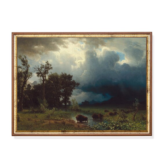 Buffalo at a Watering Hole Under Storm Clouds Vintage Art Poster