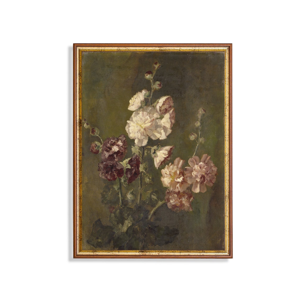 Hollyhock Blossoms Antique Botanical Floral Painting Rustic Poster