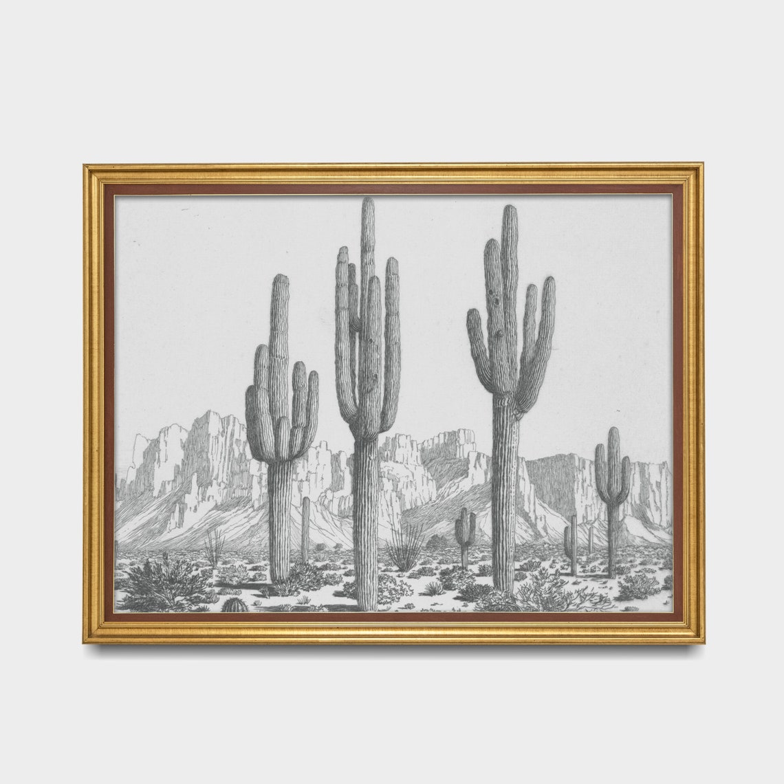 Tall Saguaro Cacti in a Desert Valley Vintage Botanical Sketch Poster - Image 2