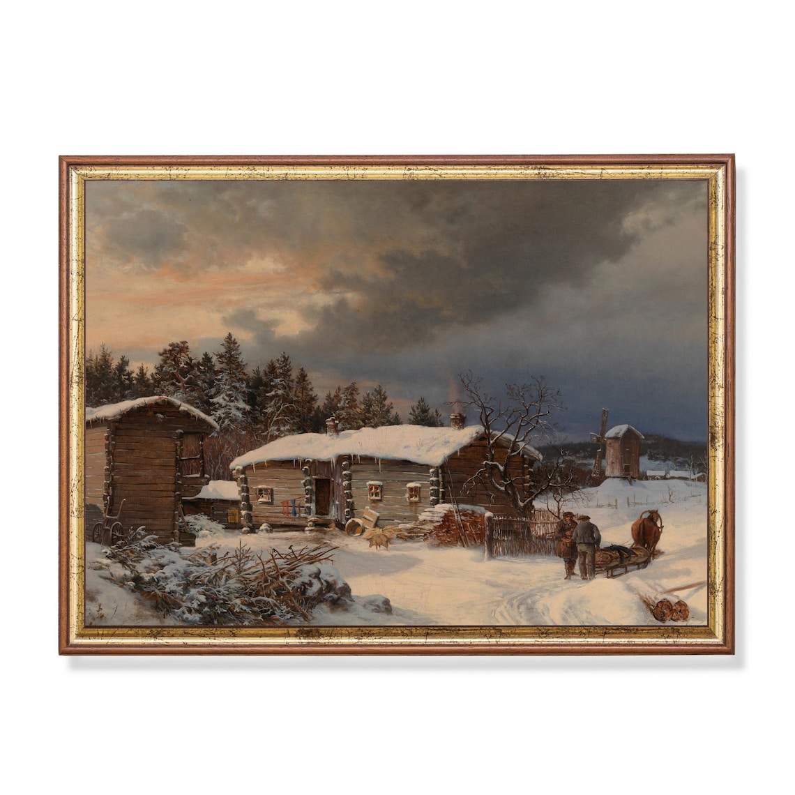 Snowy Log Cabin Farmstead at Dusk Winter Homestead Art Poster