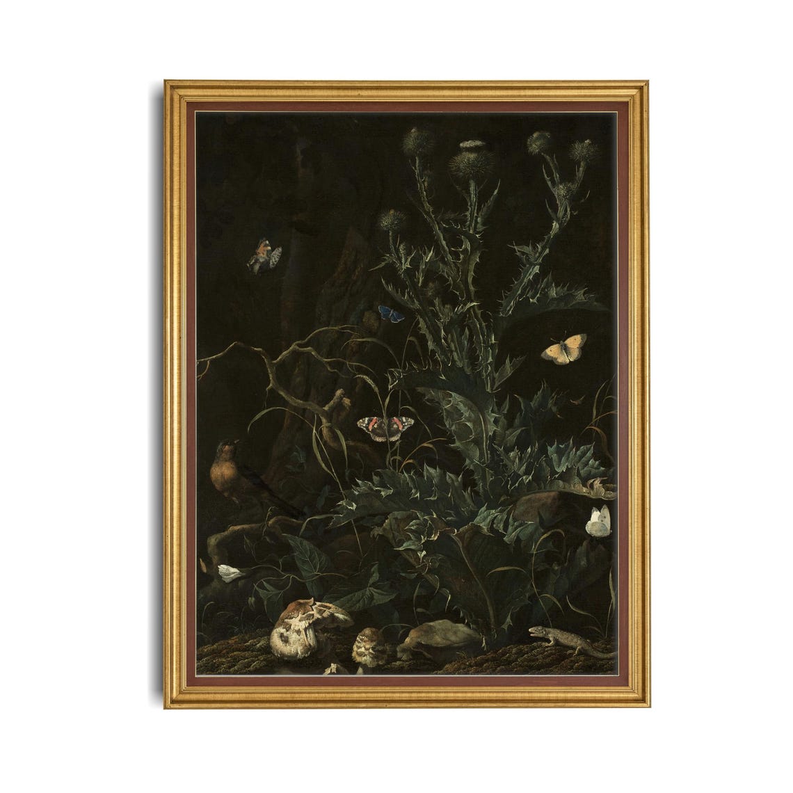 Dark Forest Floor with Thistles Butterflies and Moth Still Life Poster - Image 4