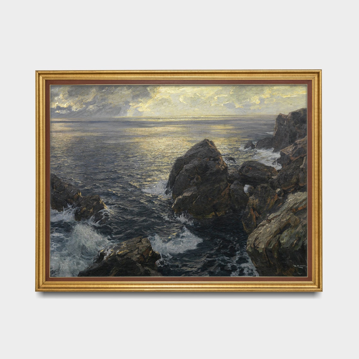 Rocky Coastline Sunset Waves Vintage Seascape Painting Poster - Image 2