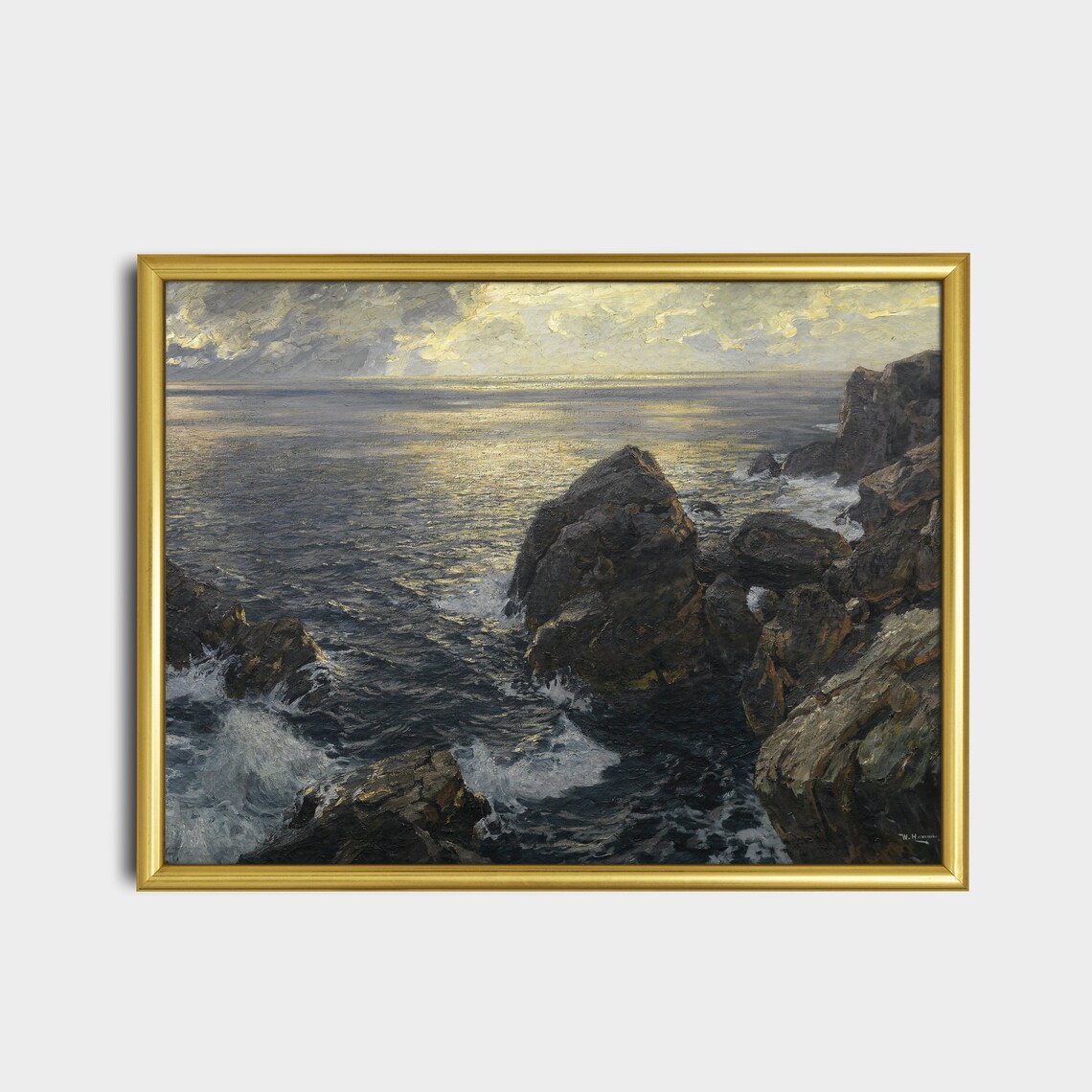Rocky Coastline Sunset Waves Vintage Seascape Painting Poster - Image 5