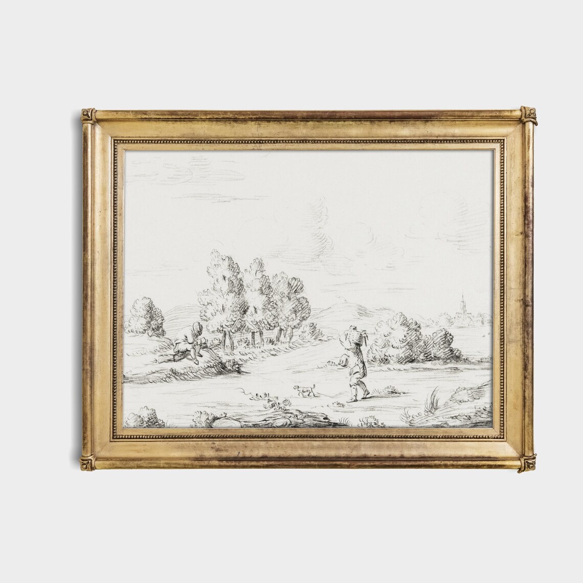 Antique Pastoral Countryside Sketch With Figures Church Spire Poster - Image 4
