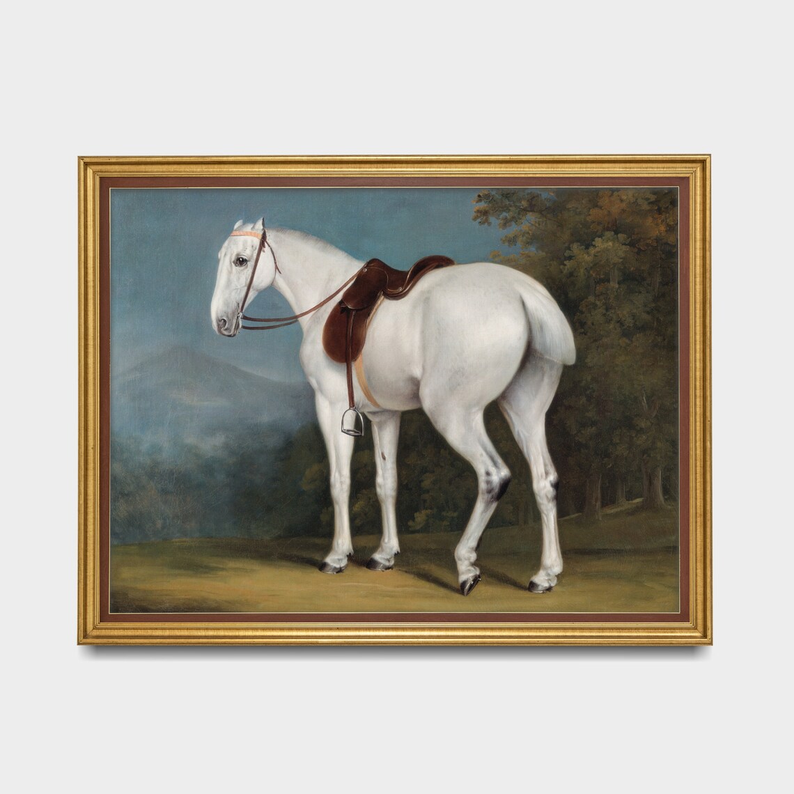 Saddled White Horse Standing in a Park Landscape Equestrian Poster - Image 5
