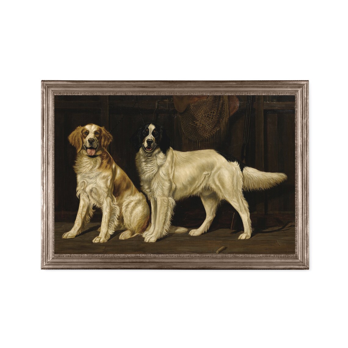 Two Spaniel Dogs in a Stable Antique Hunting Dog Painting Poster - Image 2