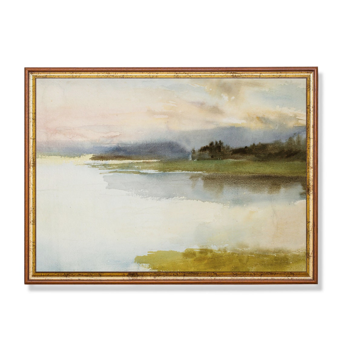 Misty Lakeshore Watercolor Landscape at Dusk Antique Art Poster