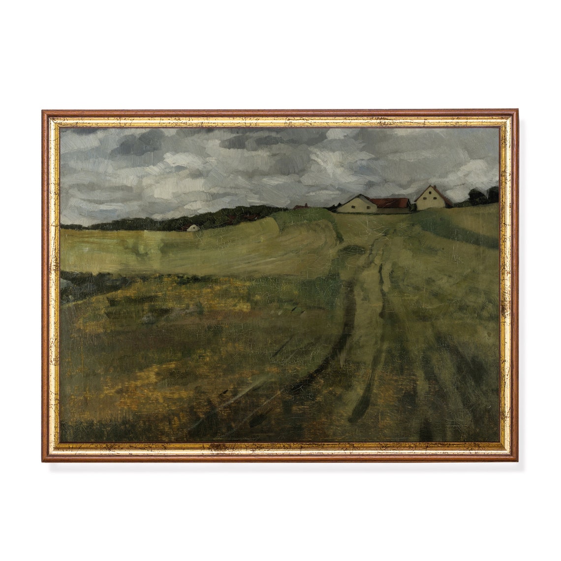 Moody Farmhouses on a Hill Beneath a Cloudy Sky Landscape Poster