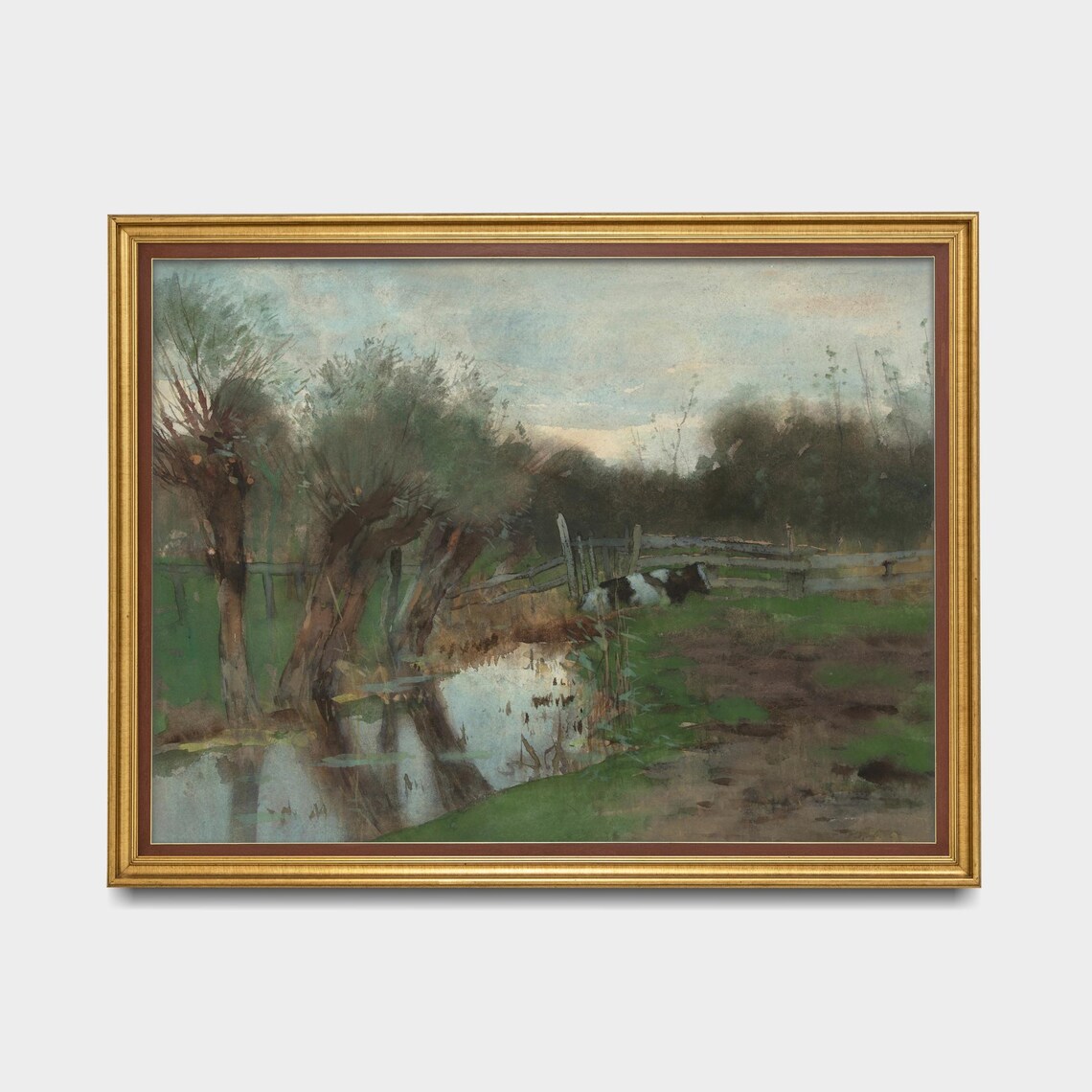 Cows Watering Pond Willow Trees Watercolor Rural Meadow Art Poster - Image 5