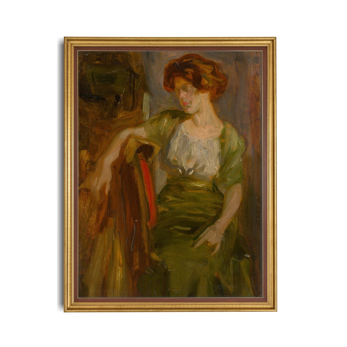 Red-Haired Woman in a Green Dress Seated Impressionist Portrait Poster - Image 2