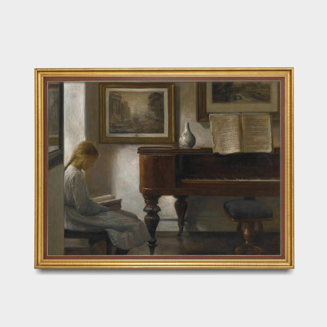 Young Girl Reading Beside Grand Piano Vintage Interior Scene Poster - Image 3