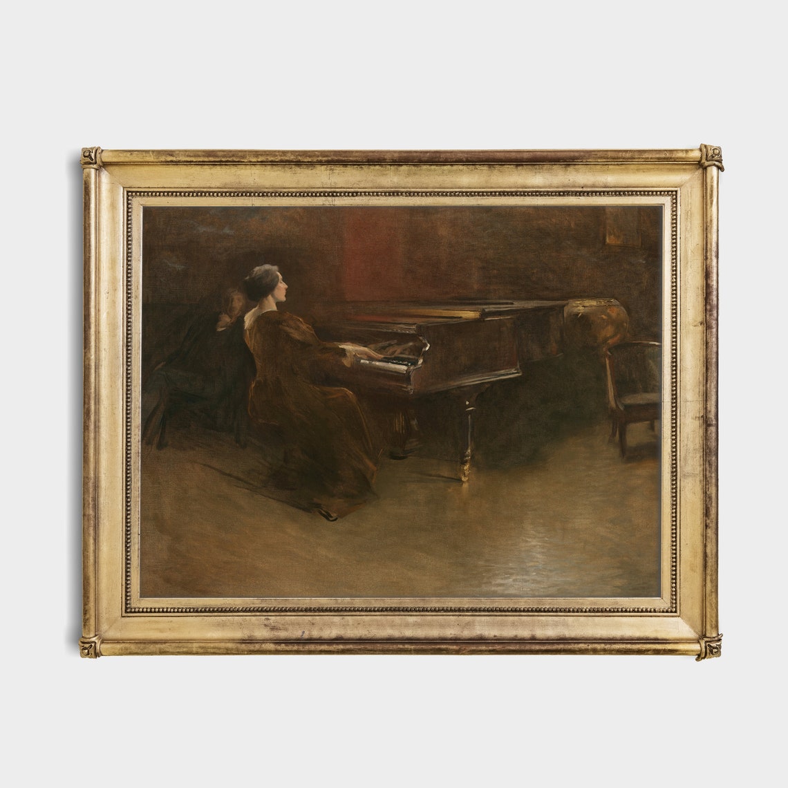 Woman Playing Piano in Dark Moody Antique Interior Painting Print - Image 4