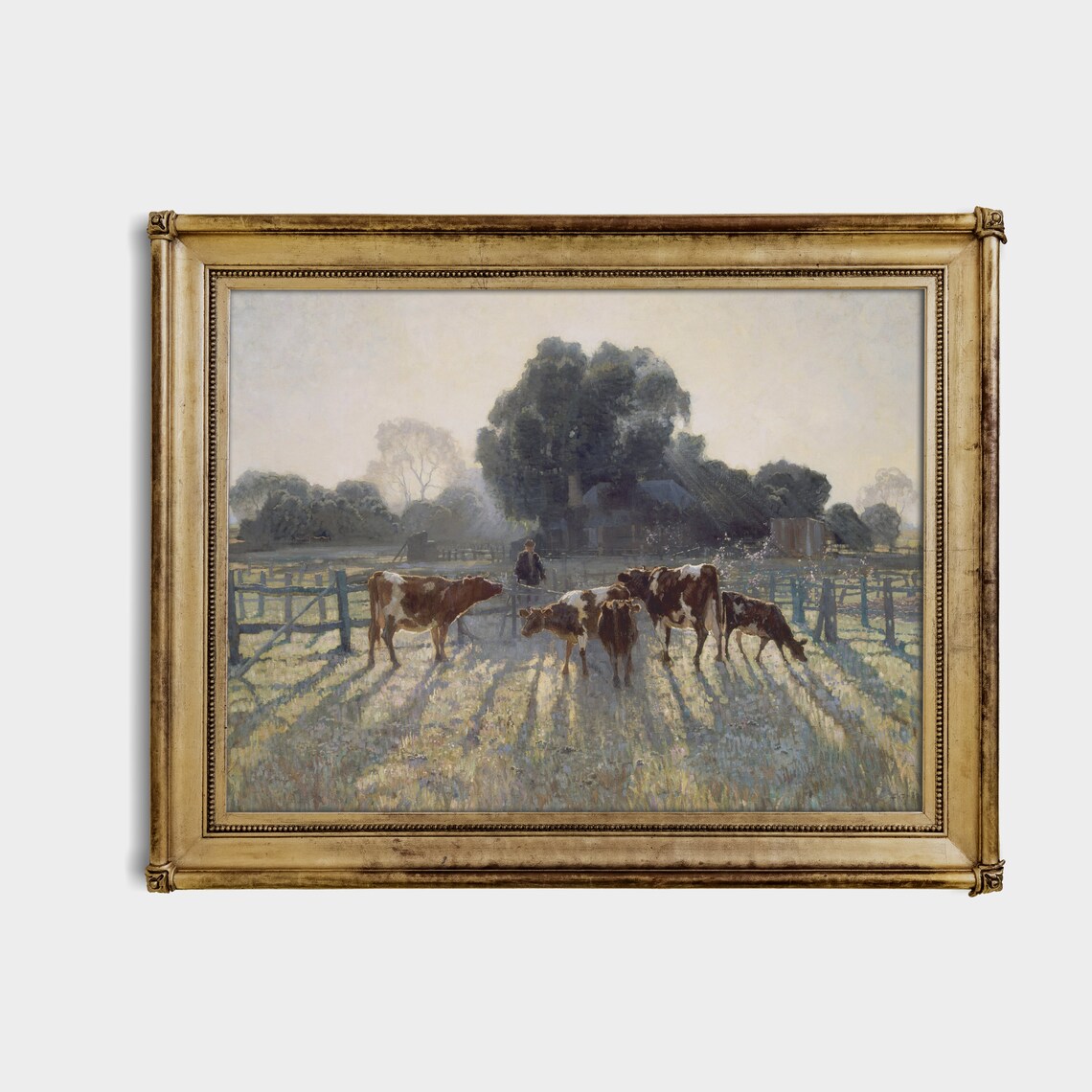 Dairy Cows In Morning Pasture Antique Farm Scene Painting Poster - Image 3