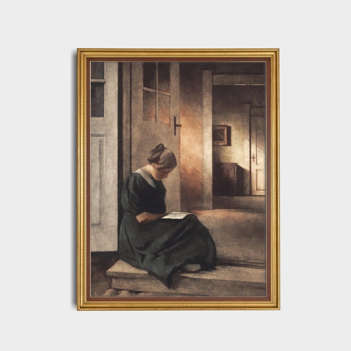 Woman Reading On Stairs Antique Interior Portrait Warm Light Poster - Image 5