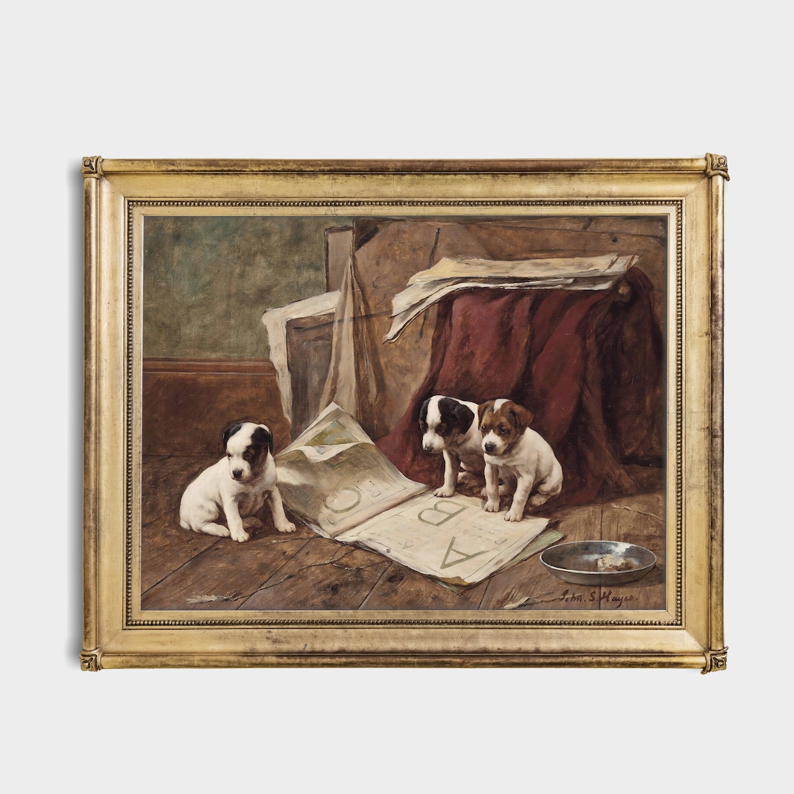 Antique Three Puppies with Open ABC Book Painting Fine Art Poster - Image 2