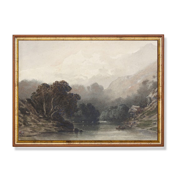 Vintage Landscape Painting Antique Mountain Lake Neutral Nature Trees Print Wall Art Farmhouse Decor