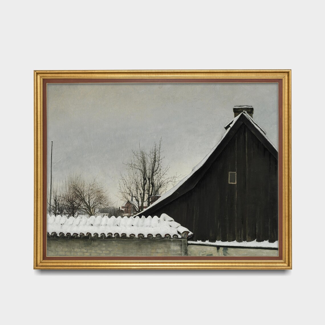 Dark Barn in Winter Snow Nordic Countryside Vintage Painting Poster - Image 3