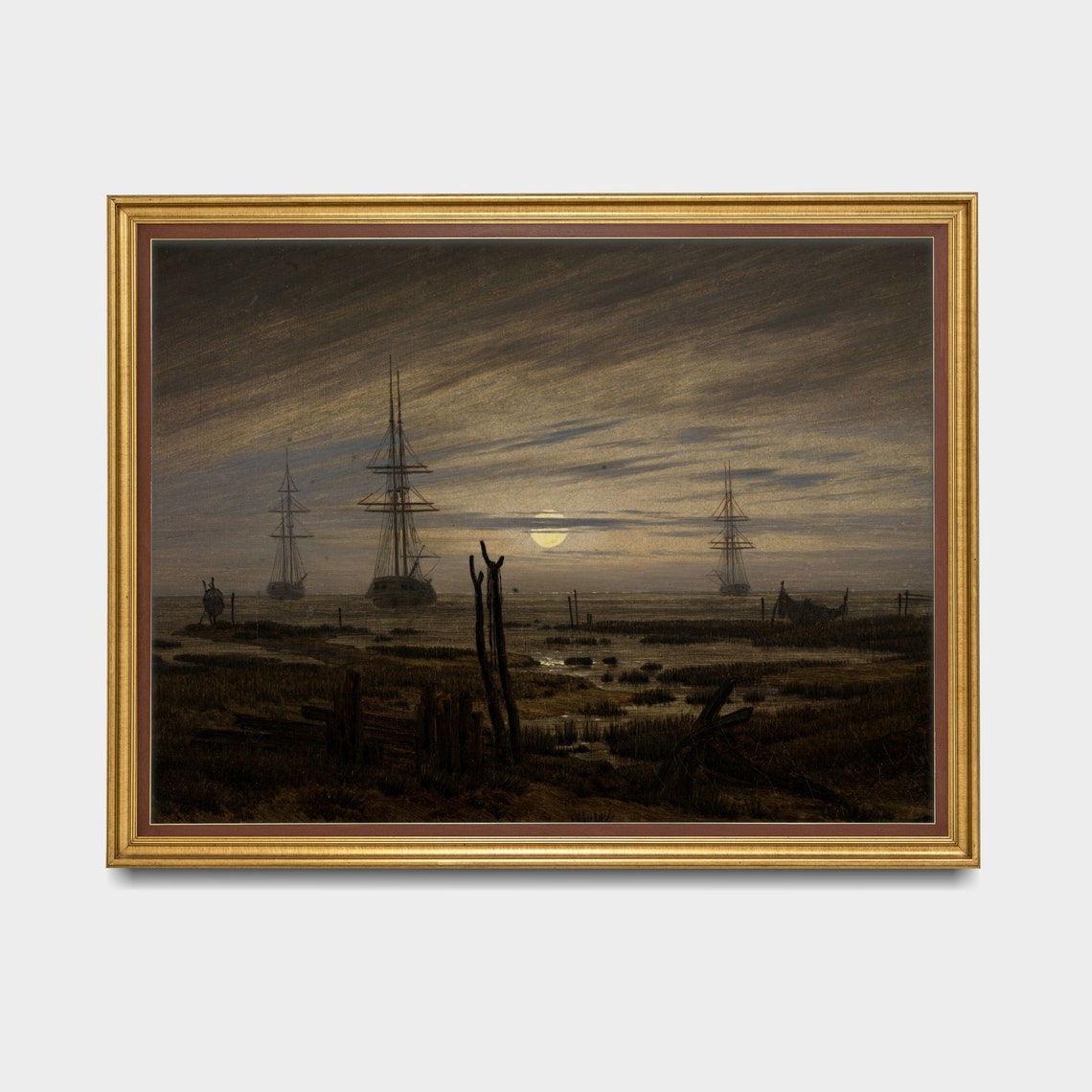 Golden Moonrise Over Tall Ships in a Misty Harbor Vintage Poster - Image 3