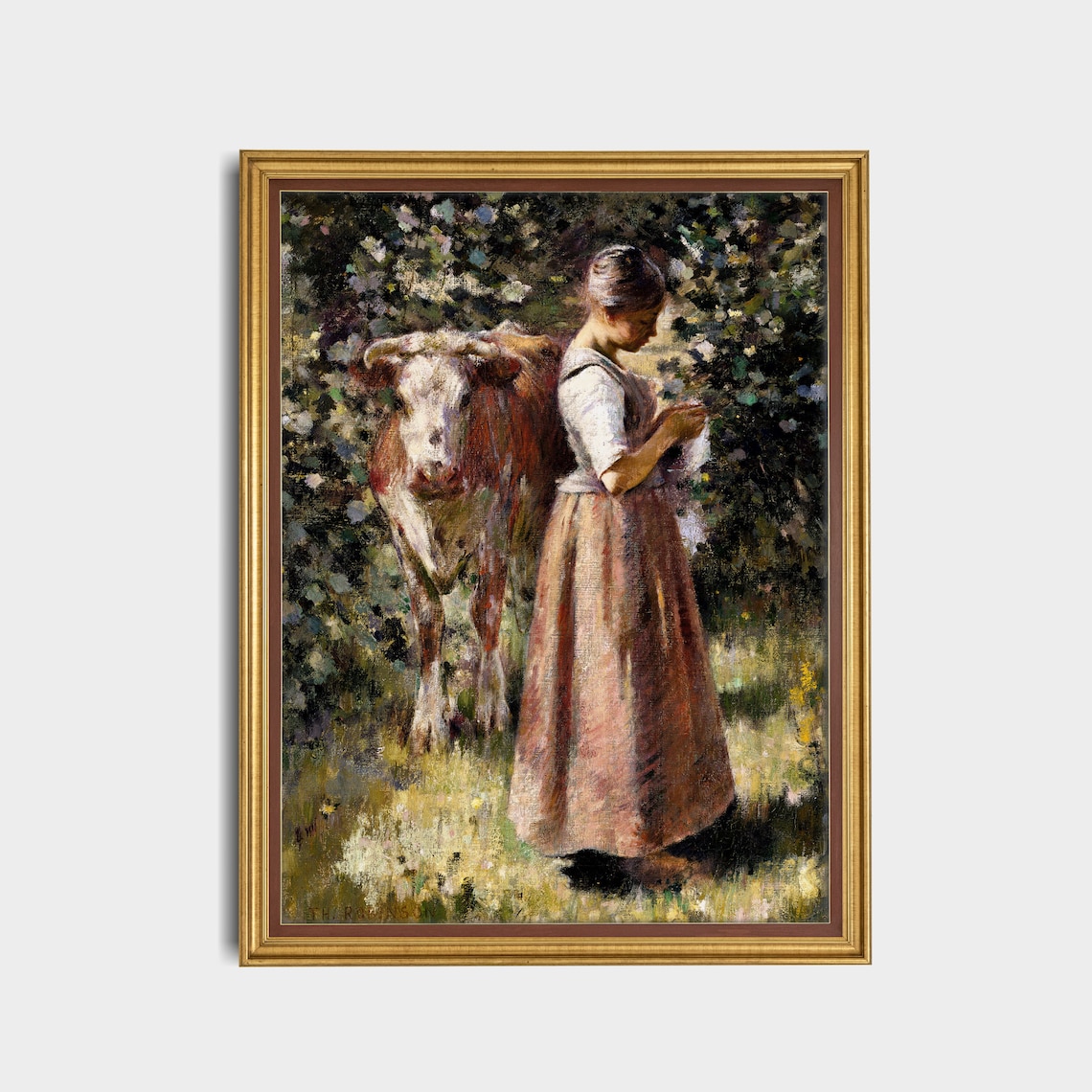 Impressionist Girl With a Cow in a Sunlit Garden Vintage Poster - Image 3