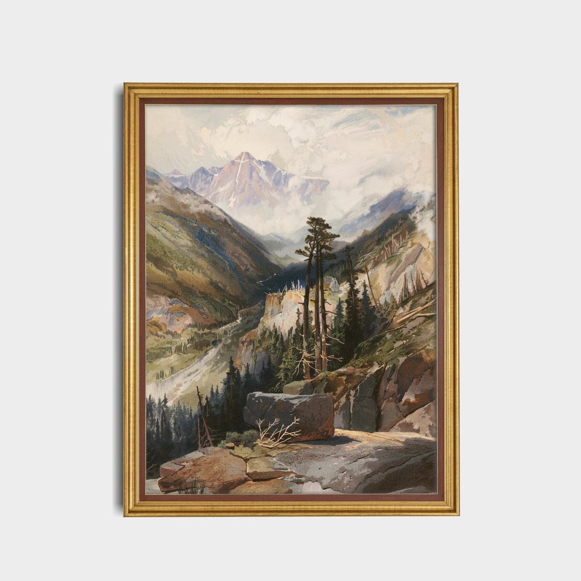 Snowcapped Mountain Valley Vista With Towering Pines Antique Poster - Image 5