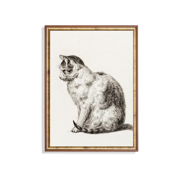 Seated Tabby Cat in Profile Vintage Graphite Pencil Study Poster