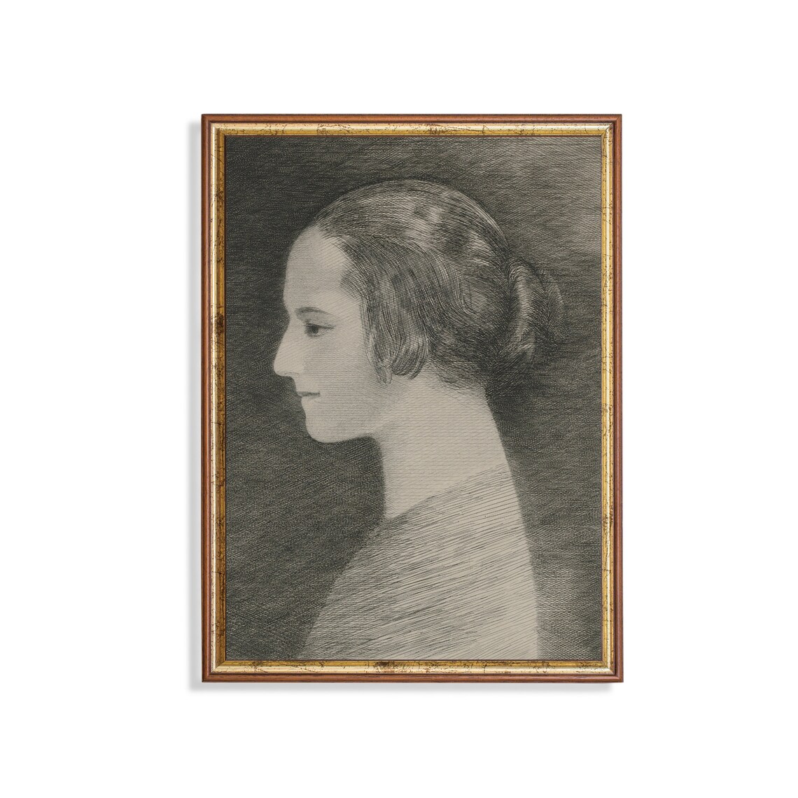 Profile Portrait of a Woman in Charcoal Sketch Vintage Drawing Poster