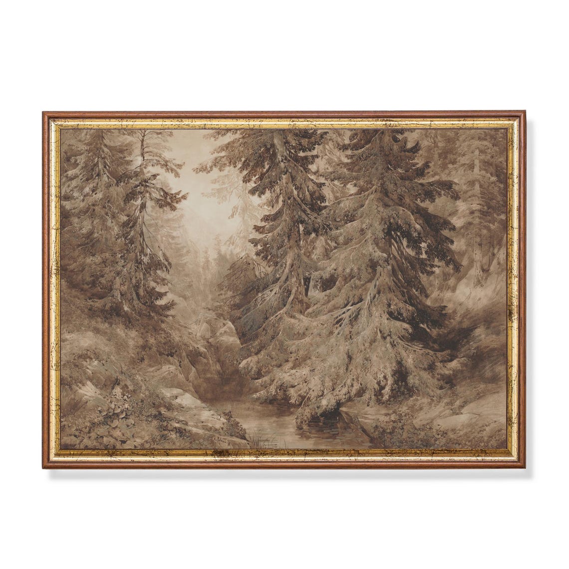Towering Pines Along a Mountain Stream Vintage Sepia Drawing Poster