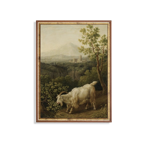 Printed And Shipped Vintage Goat Painting Antique Art Print Animal Art Work Moody Rustic Print Farmhouse Decor Goat In Landscape