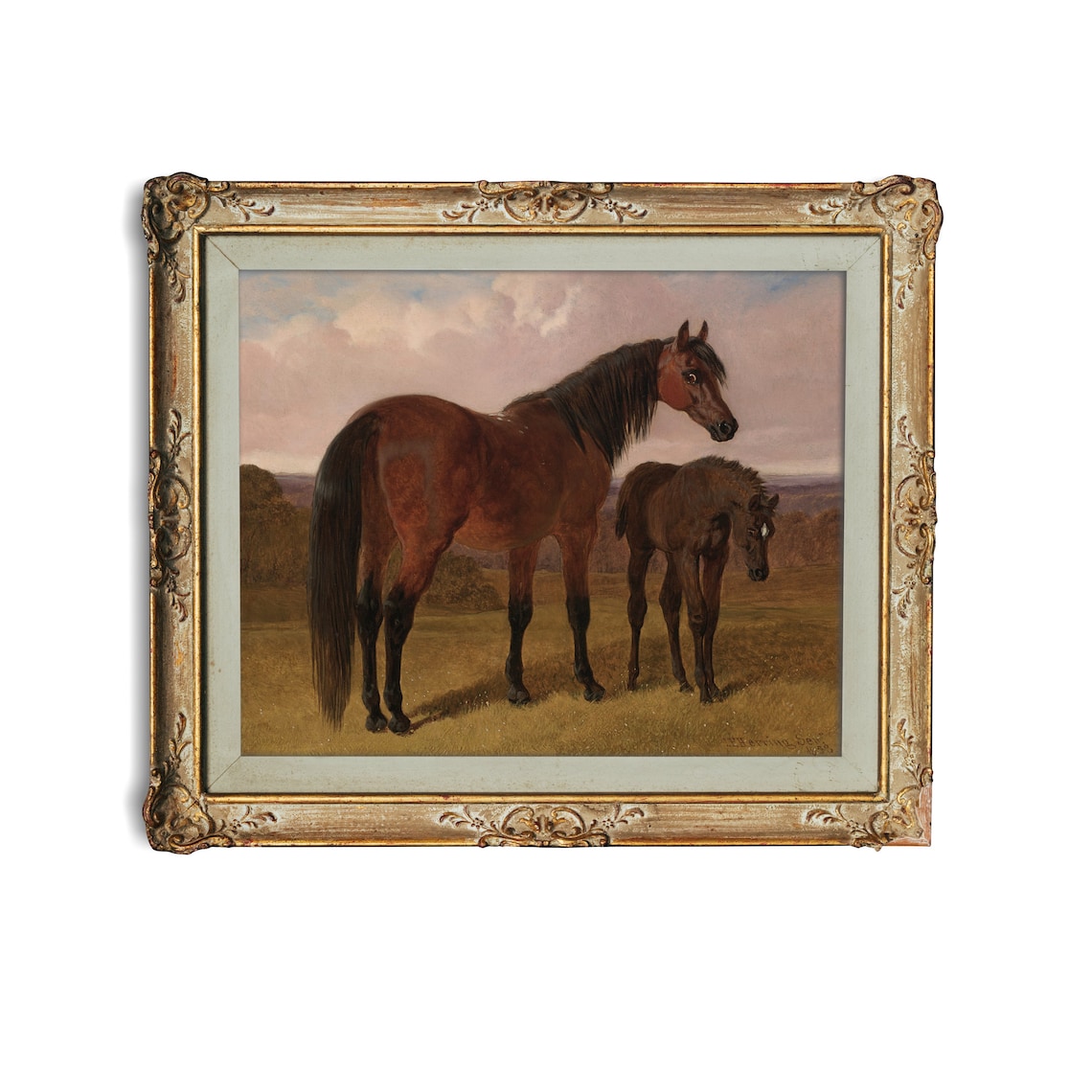 Chestnut Mare and Foal Pasture Vintage Equestrian Painting Poster - Image 3