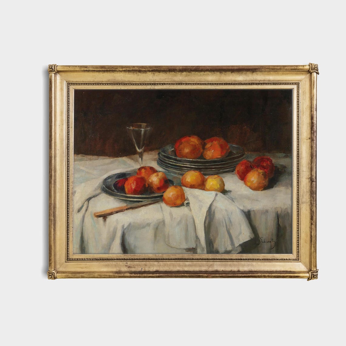 Apples and Wineglass Still Life on a White Tablecloth Poster - Image 4