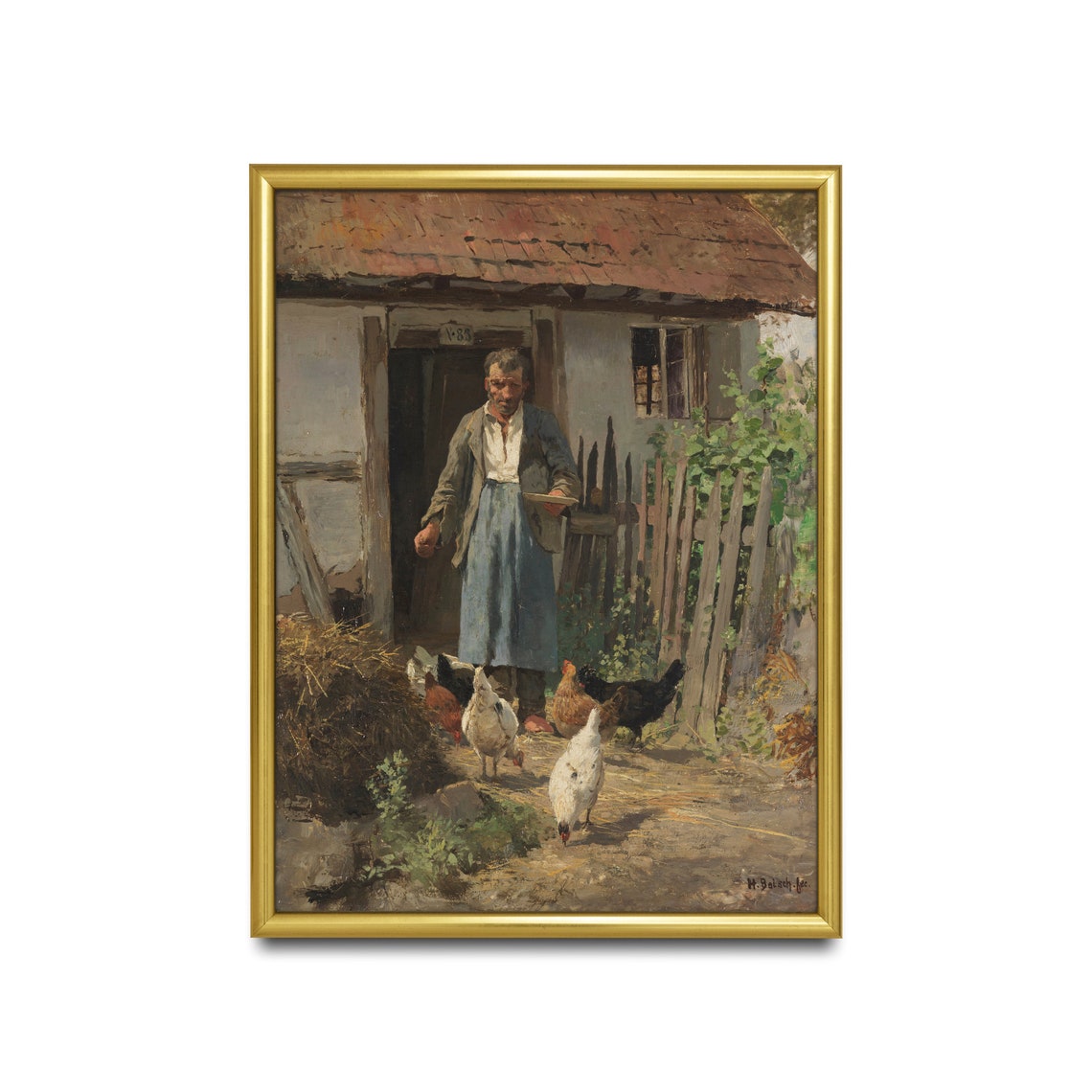 Farmer Feeding Chickens Outside a Farmhouse Door Vintage Poster - Image 3